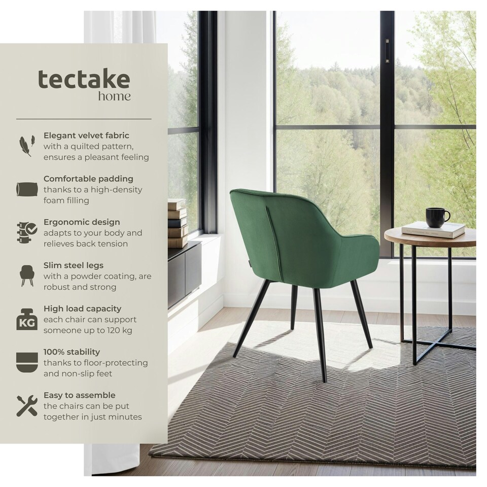 image 1 of Chair Marilyn - velvet look, quilted, continuous backrest, slim steel legs - Set of 2 Green | Dark Green/Black