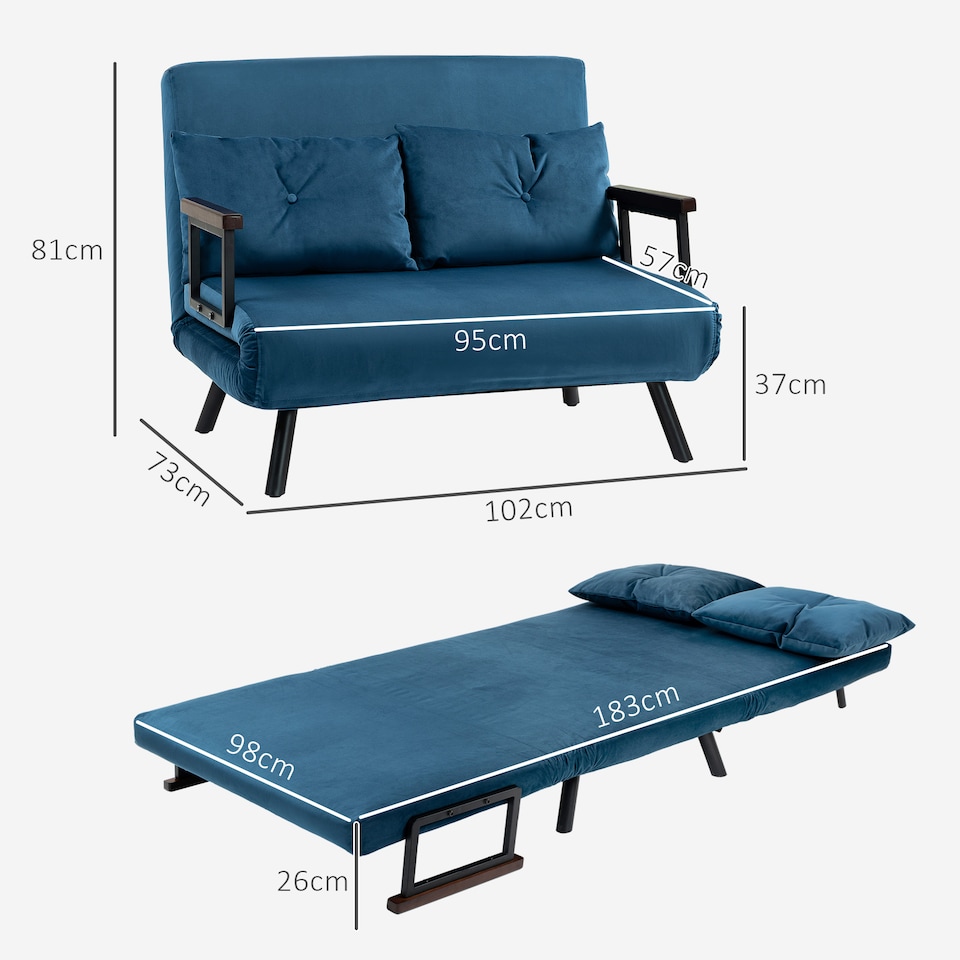 image 1 of HOMCOM 2 Seater Sofa Bed, Click Clack Convertible Bed Settee, Modern Velvet Feel Fabric Sofa Couch with 2 Tufted Cushions, Wood Armrests for Living Room, Bedroom, Guest Room, Navy Blue