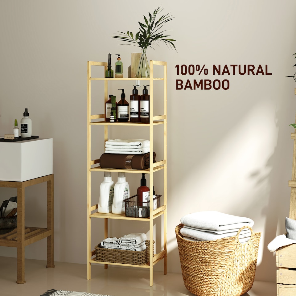 image 1 of HOMCOM 5-Tier Bamboo Bathroom Storage Shelf, Freestanding Shelving Unit with Adjustable Rack for Kitchen Bathroom Living Room, Natural Wood Finish