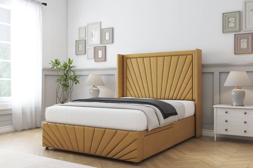 image 1 of Sloomy Rutherford Mustard Plush Divan Bed Base No Drawers With 54 Inch Wingback Headboard & 12 Inch Matching Footboard | Gold | Mustard | Double | 1