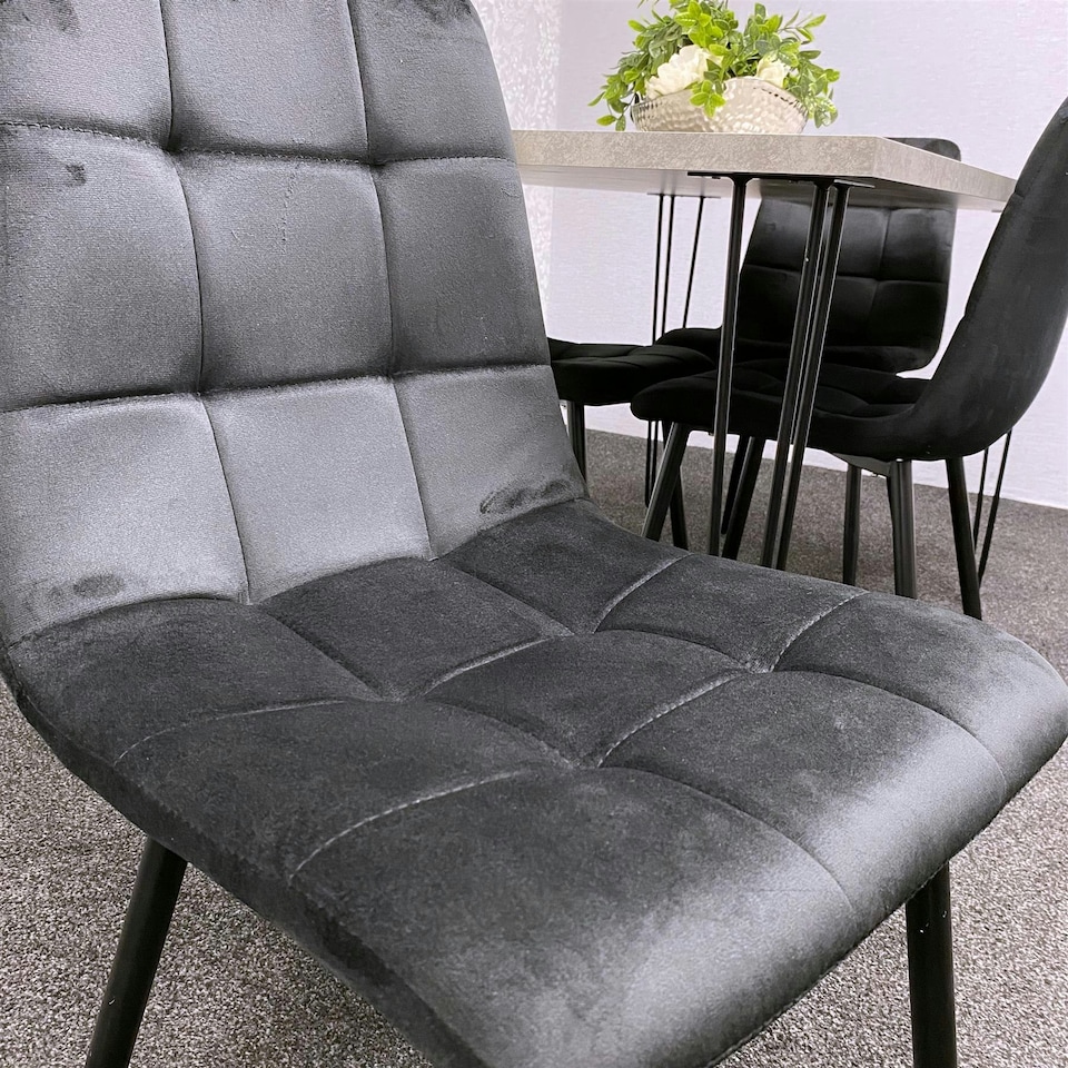 image 1 of Grey Dining Table with Hairpin Legs & 4 Black Velvet Chairs Set for Kitchen & Dining Room Grey