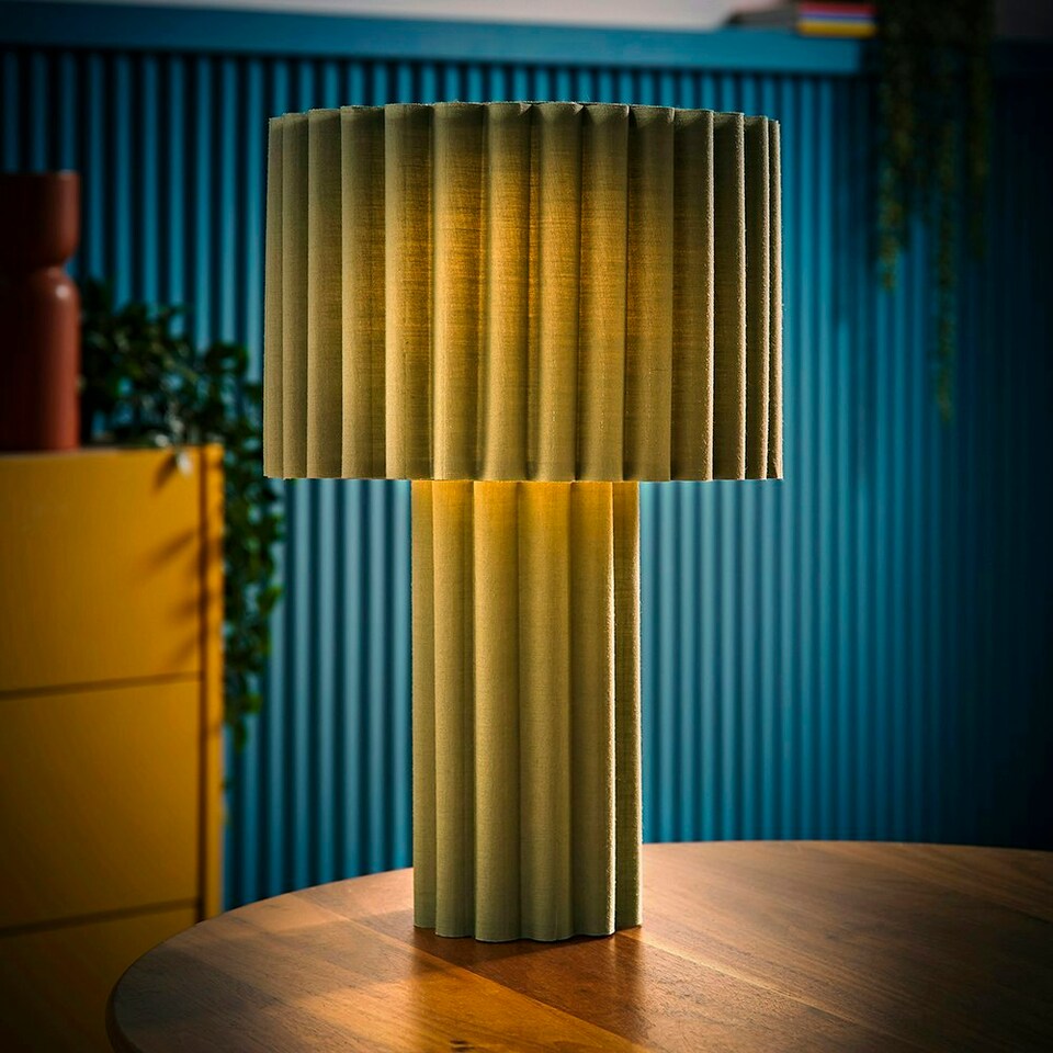 image 1 of ValueLights Lenny Moss Green Drum Lamp Shade Colour Drench Ribbed Full Fabric Table Lamp Green