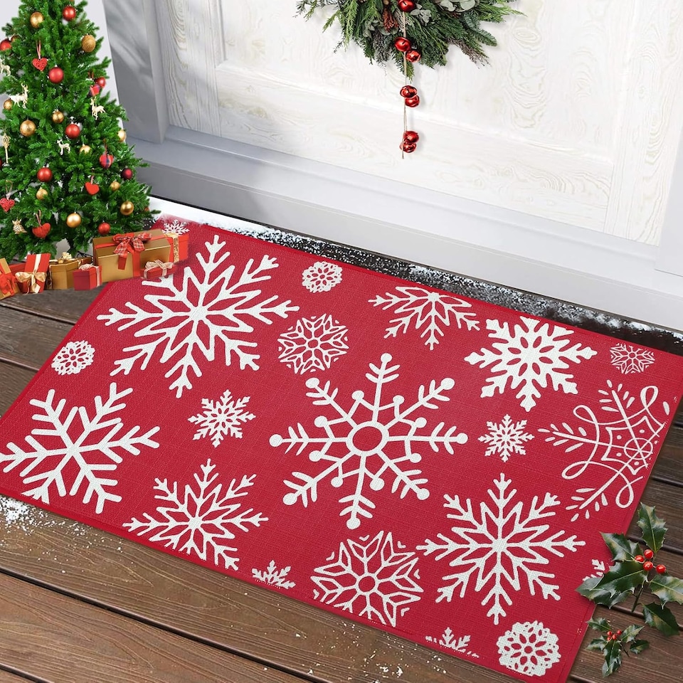 image 1 of London Boutique Christmas Doormat with Snowflake Design, Non-Slip Washable Entrance Mat, Red, 40 x 60 cm