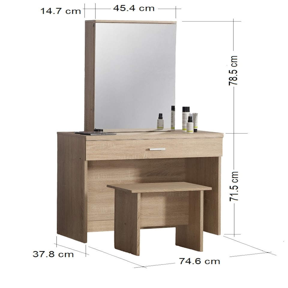 image 1 of Makeup Dressing Table Set With Sliding Storage Space Vanity Mirror and Stool Brown | Oak