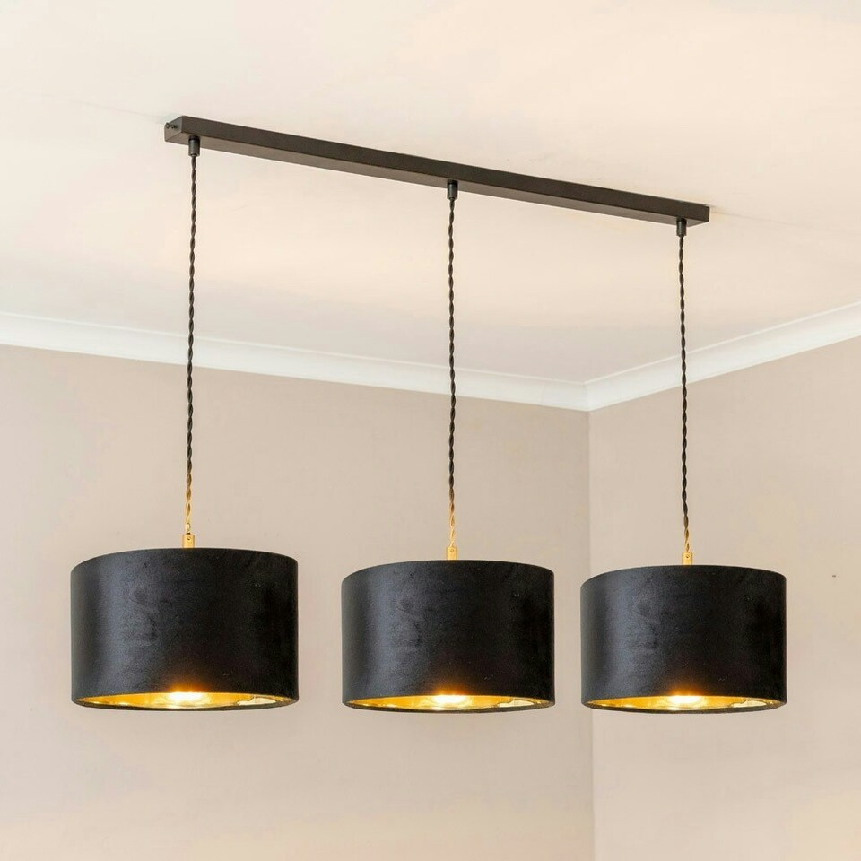 image 1 of ValueLights Reni Black Velvet & Gold Drum Shade 3 Drop Bar Black Diner Ceiling Pendant Light Black