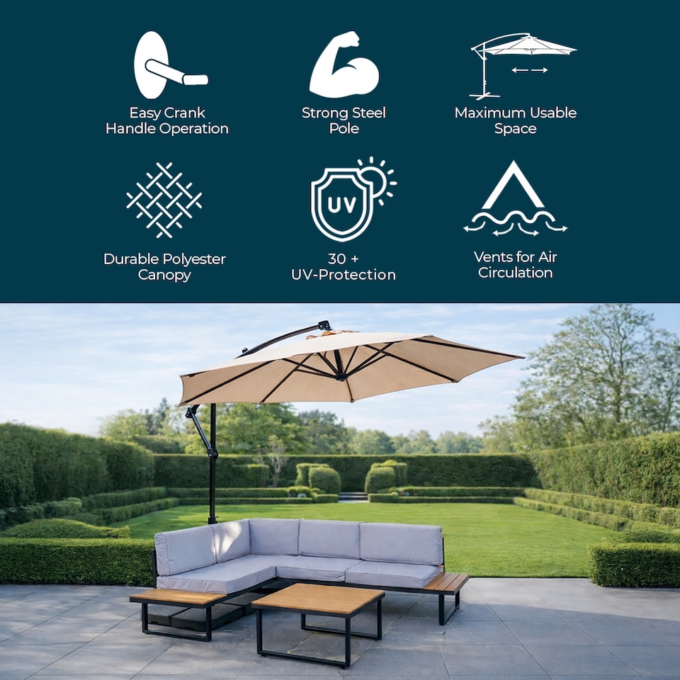 image 1 of Jack Stonehouse 3m Banana Cantilever Hanging Parasol for Garden Patio - Beige