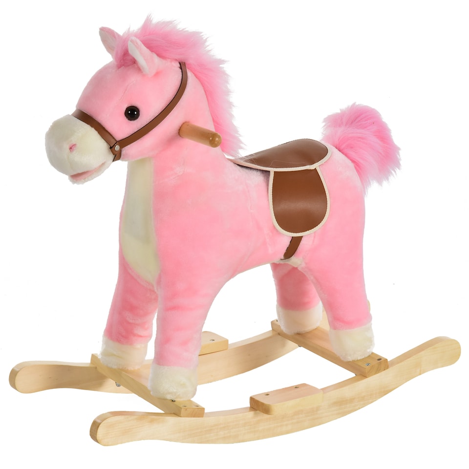 image 1 of HOMCOM Kids Plush Rocking Horse with Sound Moving Mouth Wagging Tail Children Rocker Ride On Toy Gift 3-6 Years Pink