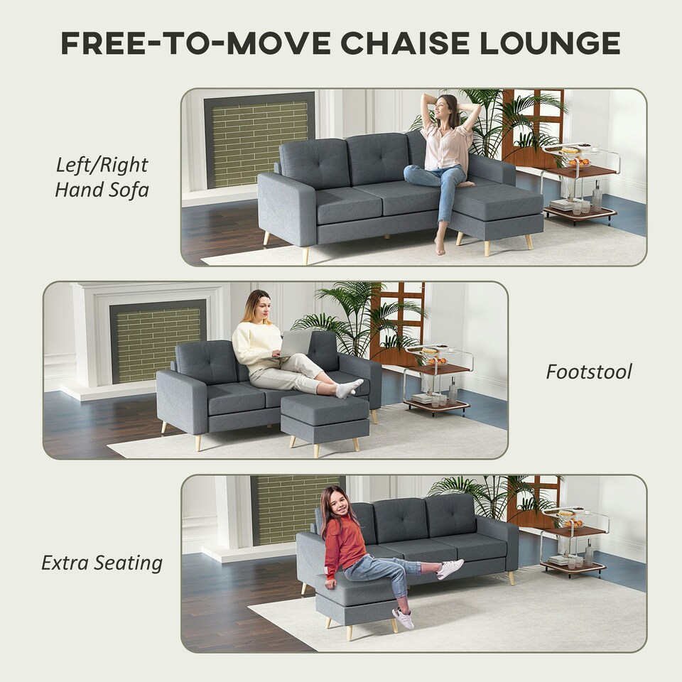 image 1 of HOMCOM 3-Seater L-Shaped Linen Sofa w/ Sponge Seat Back Cushions, Dark Grey Black