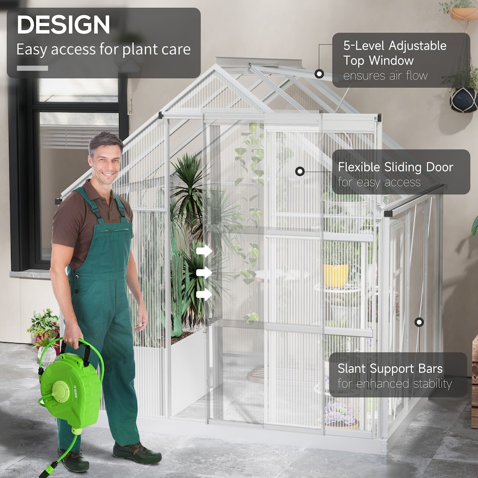 image 1 of Outsunny 6 x 6ft Walk-In Polycarbonate Greenhouse with Foundation Window Silver | Silver