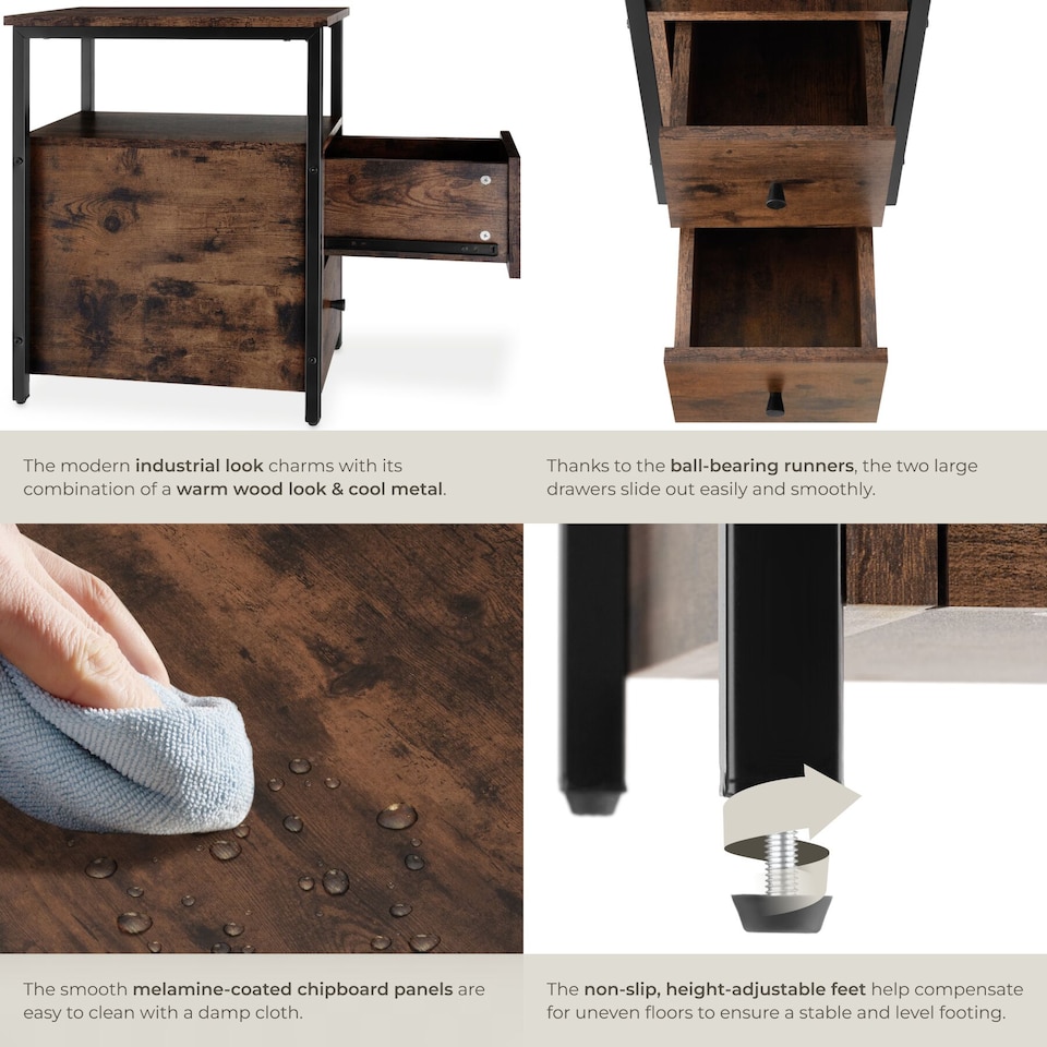 image 1 of Bedside Table Tullamore - 2 shelves and 2 drawers | Brown | Industrial wood dark, rustic | 49,50 x 30 x 61,50 cm | 1