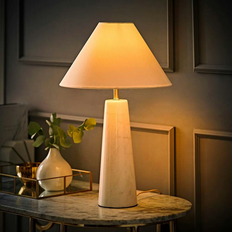 image 1 of ValueLights Margot White Marble Table Lamp with a Linen Tapered Shade | White