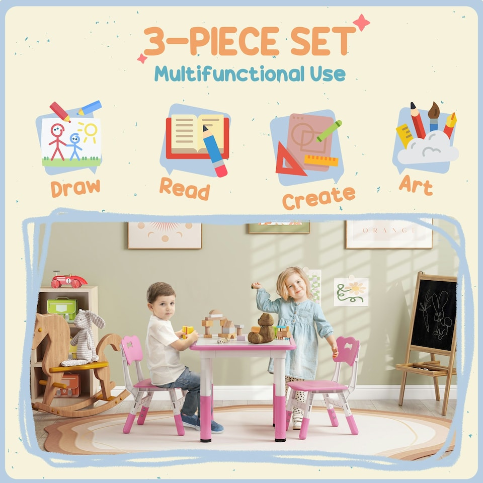 image 1 of AIYAPLAY 3 Pcs Height Adjustable Kids Table and Chair Set for Playroom Pink