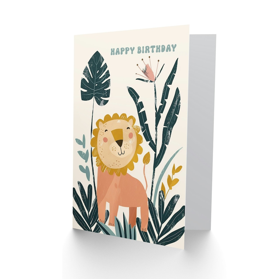 image 1 of Cute Jungle Flowers Kids Girl Boy Lion Child Kids Birthday Card