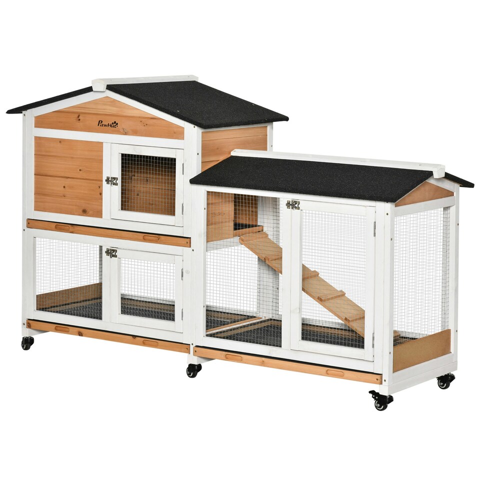 image 1 of PawHut Rabbit Hutch, Bunny Cage Outdoor 2-Tier w/ Wheels & Tray, Yellow
