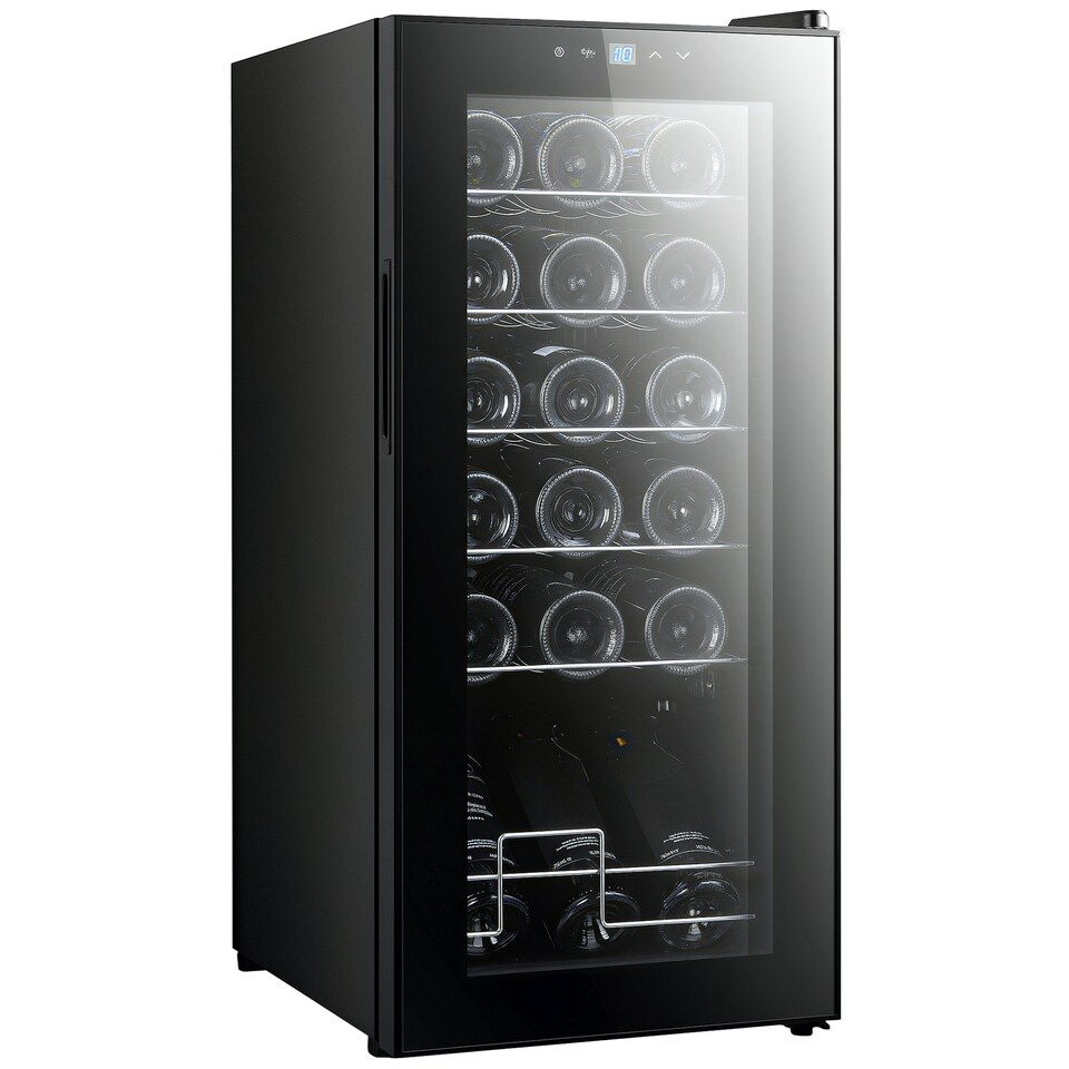 image 1 of HOMCOM 50L Wine Cooler, 18 Bottles, 5-18degree Freestanding Wine Fridge with Glass Door, LED Light, Temperature Control and Digital Touch Screen, Black