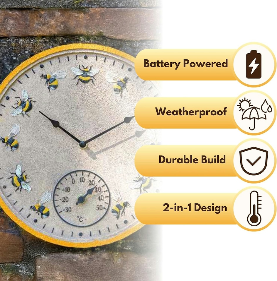 image 1 of Marco Paul 30cm Bee Outdoor Clock and Thermometer | Yellow