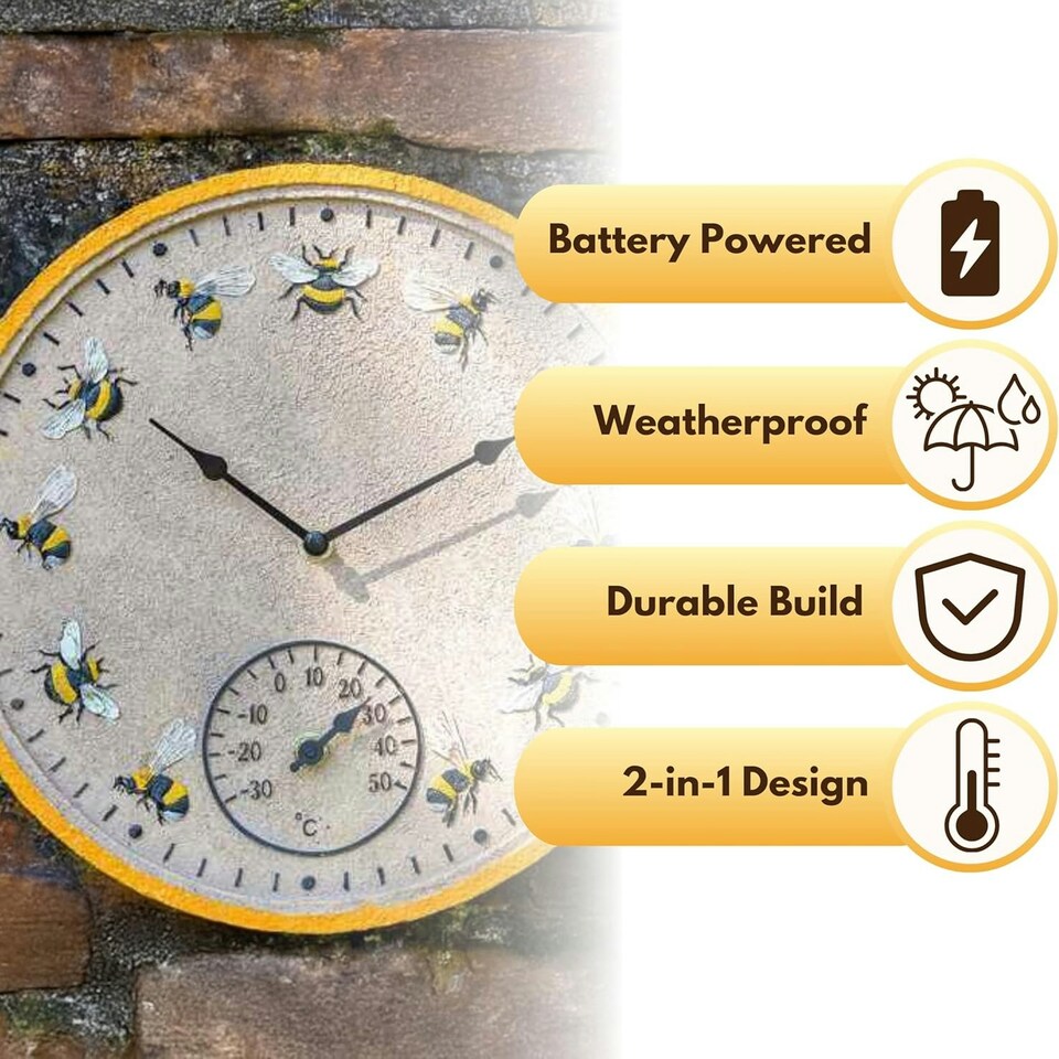 image 1 of Marco Paul 30cm Bee Outdoor Clock and Thermometer Yellow