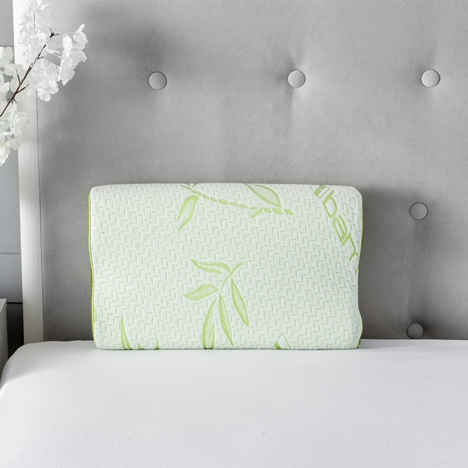 image 1 of Small Bamboo Memory Foam Contour Neck Support Organic Orthopaedic Pillow Green