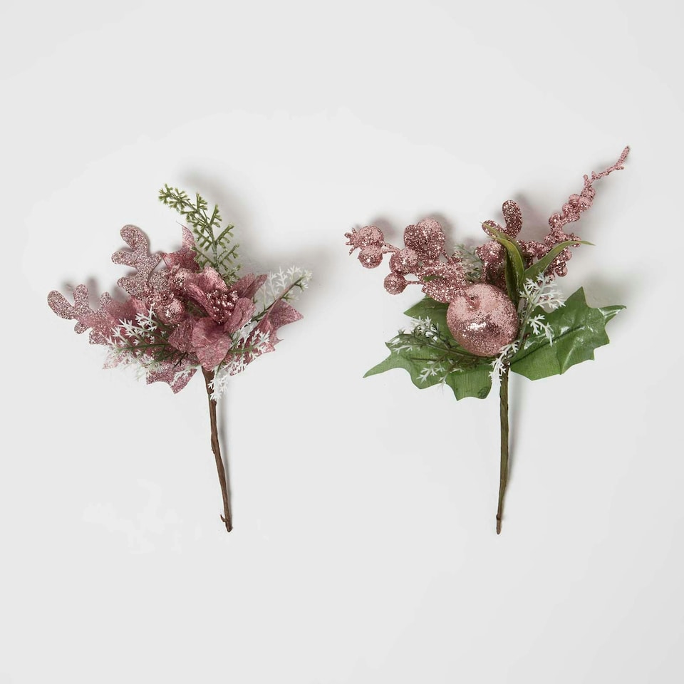 image 1 of Homescapes Pink Glitter Berry and Apples Christmas Decorations, Set of 2