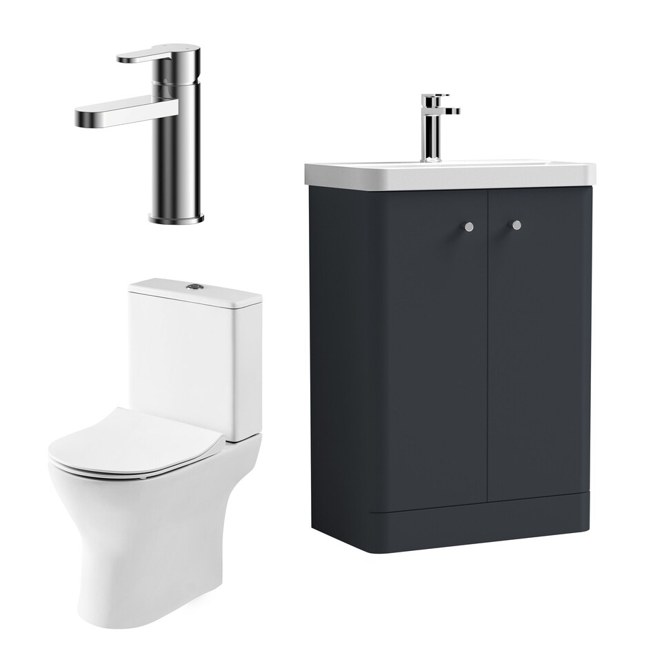 image 1 of Floor 2 Door Bathroom Vanity Unit, Tap & Toilet Pack, Dark Grey, 579mm | Grey | Satin Soft Black