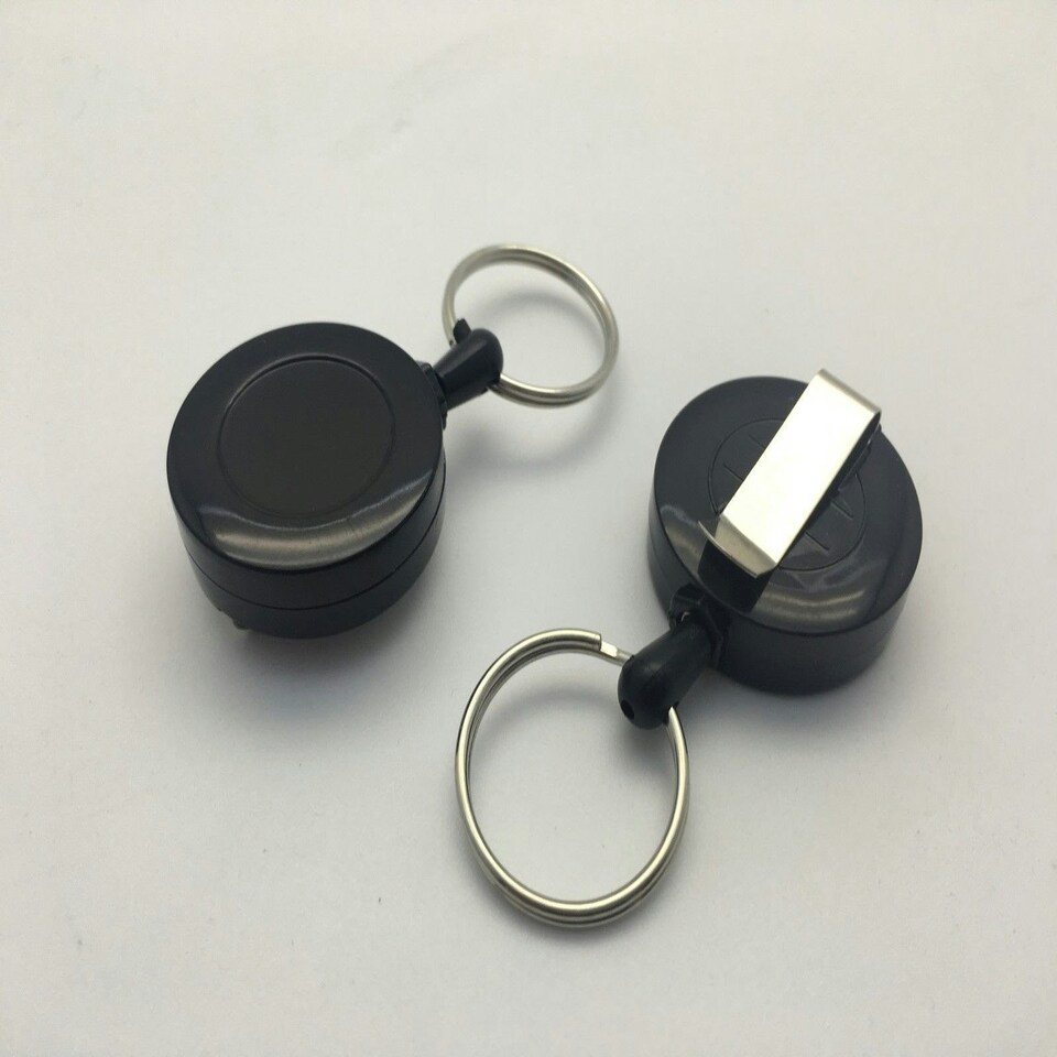 image 1 of Pack of 6 Black Round Key Reels - Retractable Recoil Ring Keyring Belt Clip