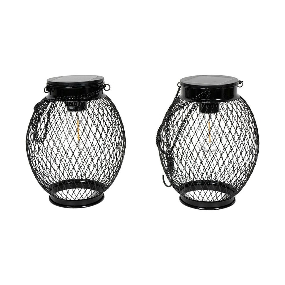 image 1 of ValueLights 2 Pack Solar Powered Outdoor Black Metal Mesh Cage Garden Lantern Lights