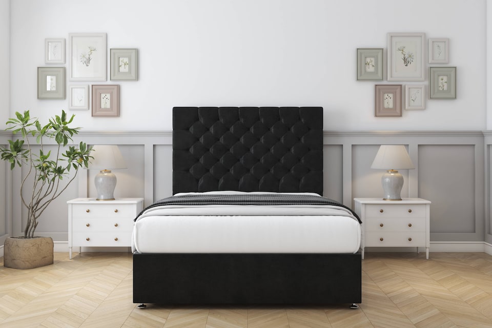 image 1 of Sloomy Mayfair Black Plush Divan Bed With Mattress 2 Drawers Footend With 54" Floor Standing Headboard 5' King | Black | Black | King | 1