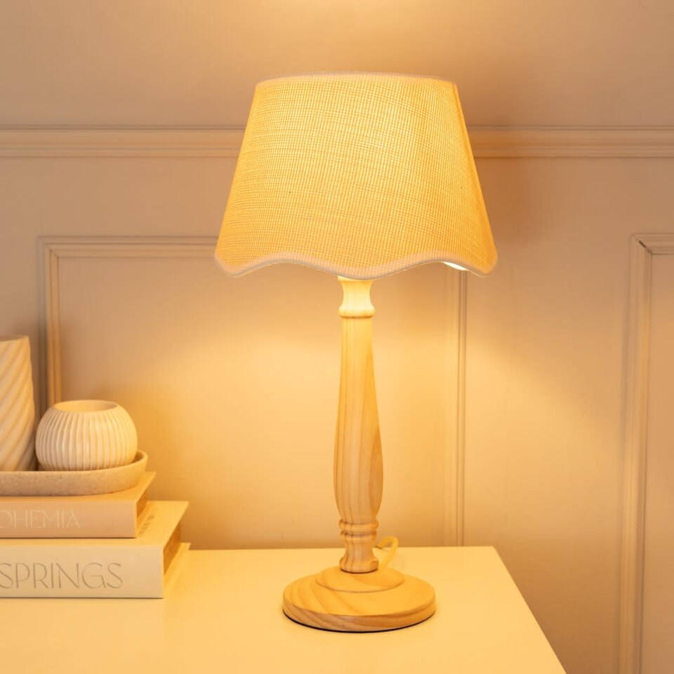 image 1 of ValueLights Victoria Light Wood Table Lamp Scallop White Trim Shade and Bulb