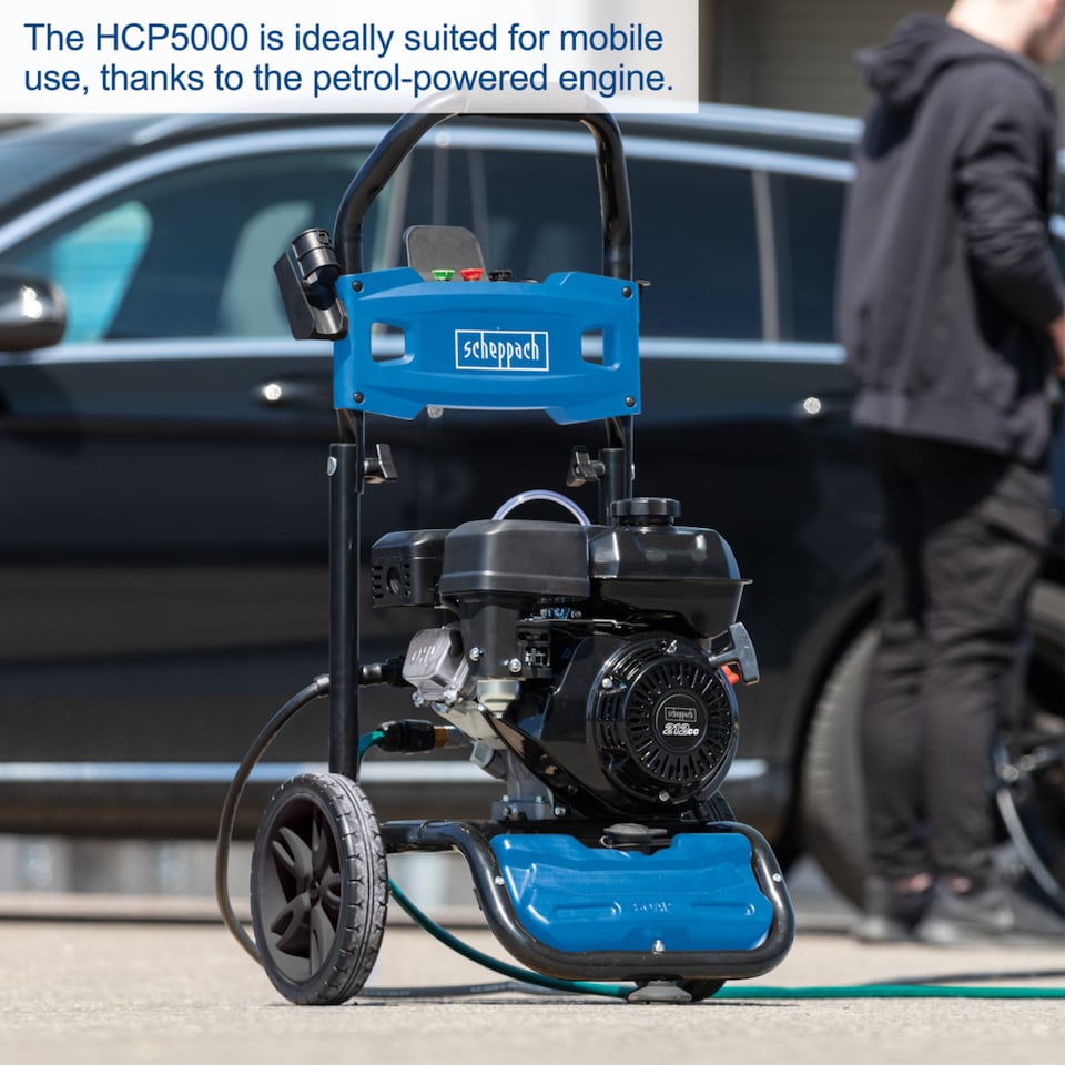 image 1 of Scheppach HCP5000 Petrol Pressure Washer, 5.9hp, 241bar Pressure, 570L/h Flow Rate, 9.2m Hose, 4 Nozzles