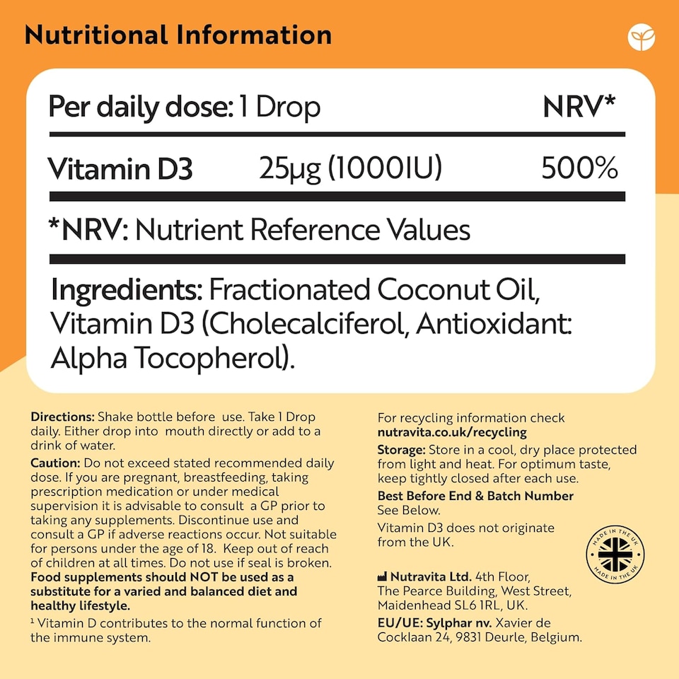 image 1 of Nutravita Vitamin D3 - Which Best Buy 2025 - Liquid Vitamin D Supplement 1000IU - Supports Bones, Immune System & Calcium Absorption - 2000 Drops