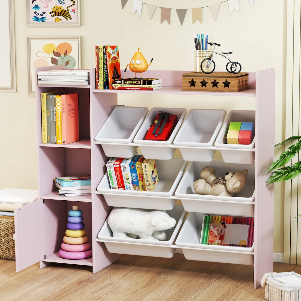image 1 of AIYAPLAY Toy Storage Unit, with 8 Removable Bins, Storage Shelves, Cabinet, Toy Organiser, for Playroom, Kids Room, Nursery, Pink