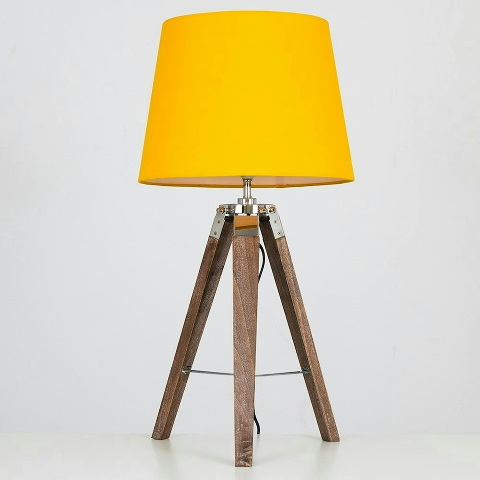 image 1 of ValueLights Distressed Wood and Silver Chrome Tripod Table Lamp with a Mustard Tapered Light Shade - Complete with a 6w LED GLS Bulb 3000K Warm White