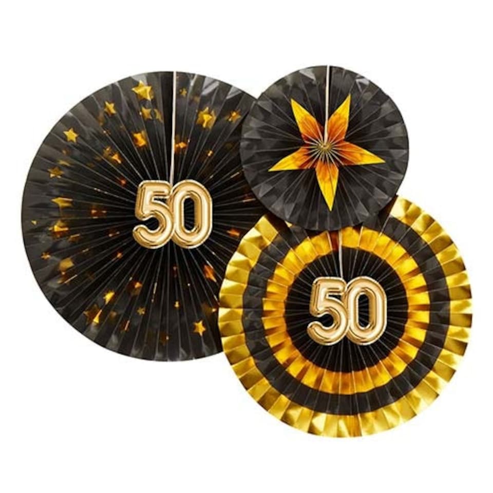 Age 50 Black & Gold Pinwheel Fan Hanging Decorations - Pack of 3