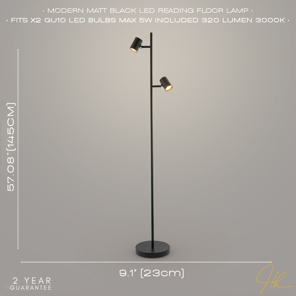 image 1 of LED Double Spot Black Metal Floor Lamp with Foot Switch and Adjustable Heads | Black