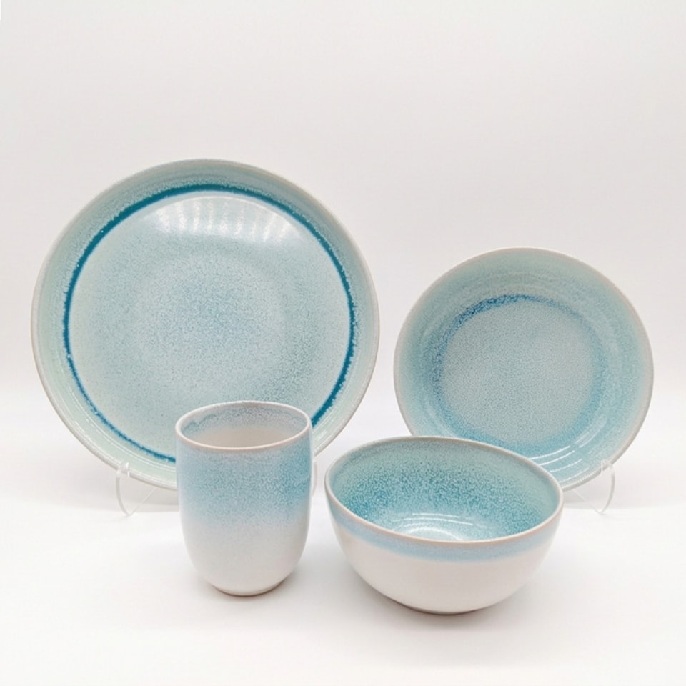 image 1 of Reactive Blue Glaze Dinner Set Plates Bowls Cups 24pc Set