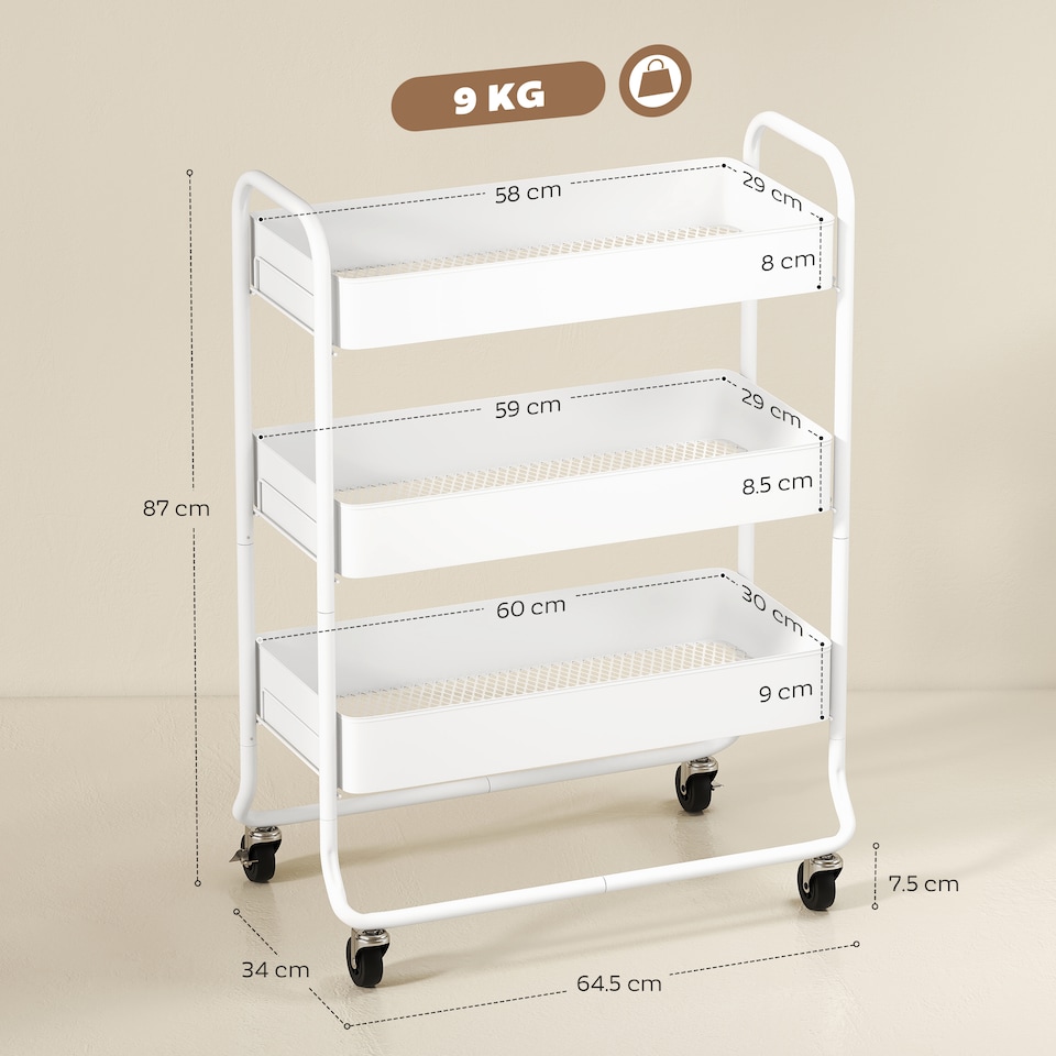 image 1 of HOMCOM 3-Tier Storage Trolley on Wheels, Rolling Utility Cart with Mesh Backets, Mobile Storage Cart for Kitchen, Bathroom, Bedroom, White | White | White