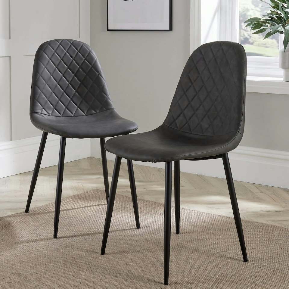 image 1 of Grey Kitchen Dining Chairs Pair Set of 2 Black Metal Legs Diamond Fabric Design
