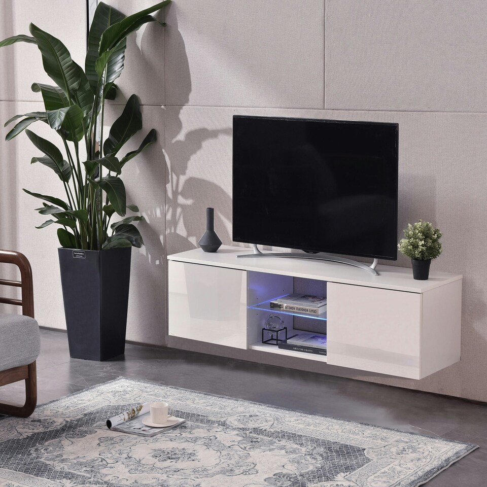 image 1 of MDA Designs Ara White Modern TV Cabinet for Flat TV Screens of up to 65" Entertainment Unit with Built-in Blue LED Lights White