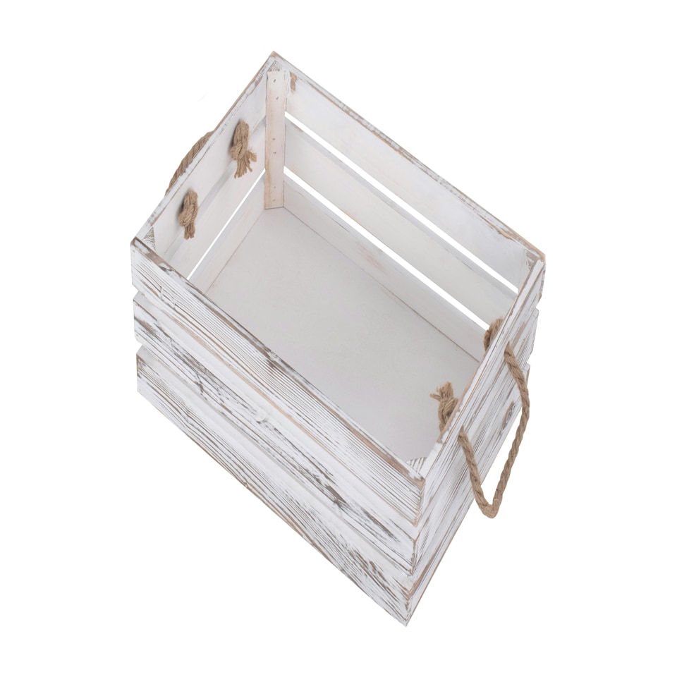image 1 of Medium Distressed White Rope Handled Crate | White | White | Medium | 1