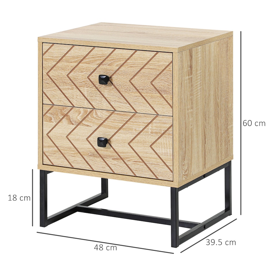 image 1 of HOMCOM Bedside Table Nightstand Two-Drawer Bedroom Storage Unit Zig Zag Design with Black Metal Handles, Natural
