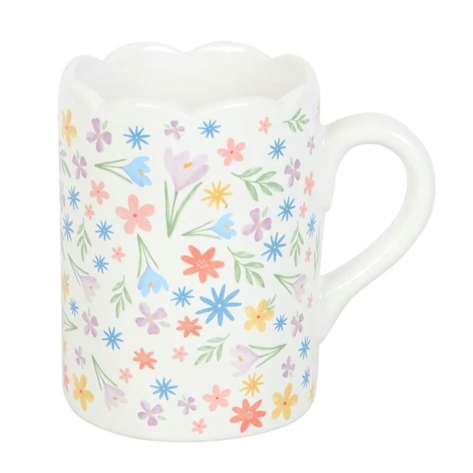 image 1 of Something Different Spring Floral Scalloped Mug - White - One Size | Multi | White | 1