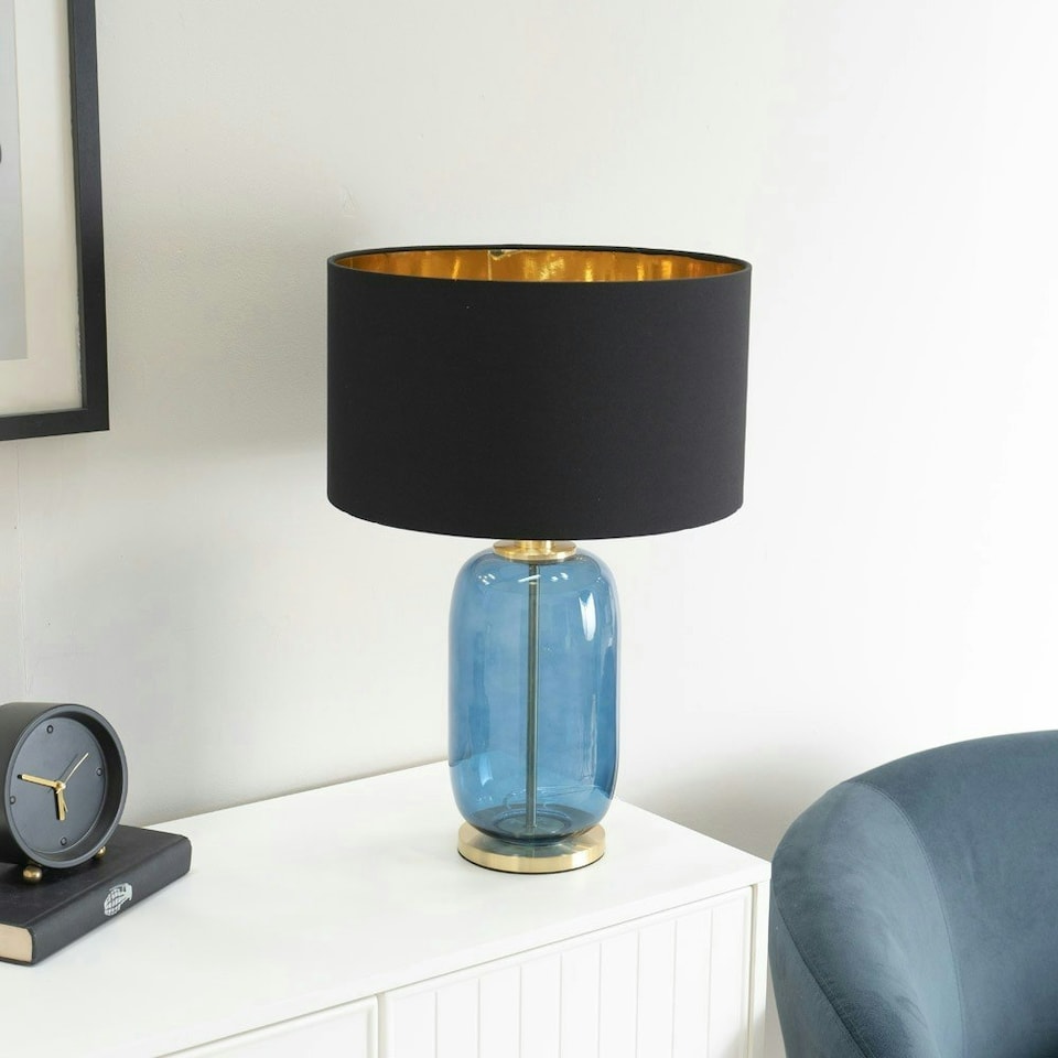 image 1 of ValueLights Leigh Black with Gold Shade with Navy Blue Glass and Gold Table Lamp & LED Bulb