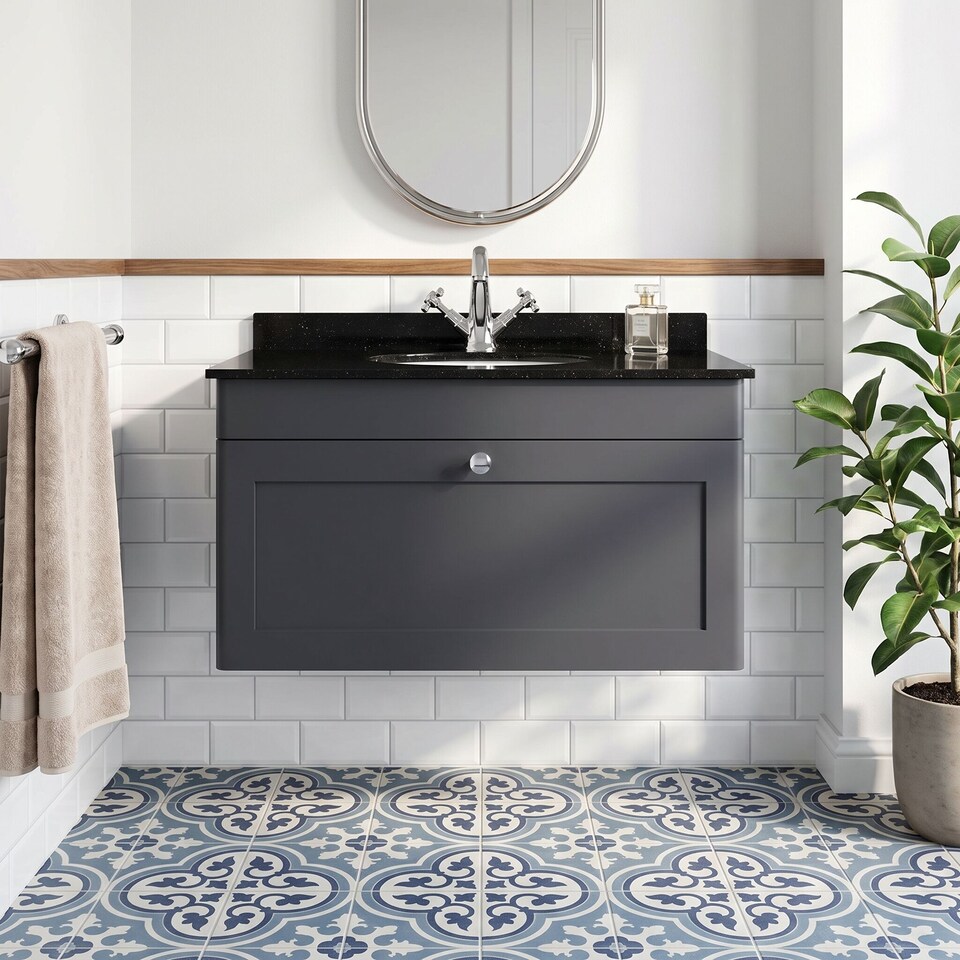 image 1 of Balterley Swynnerton Traditional 1 Drawer Wall Hung Vanity Unit with Marble Basin, Dark Grey, 800mm