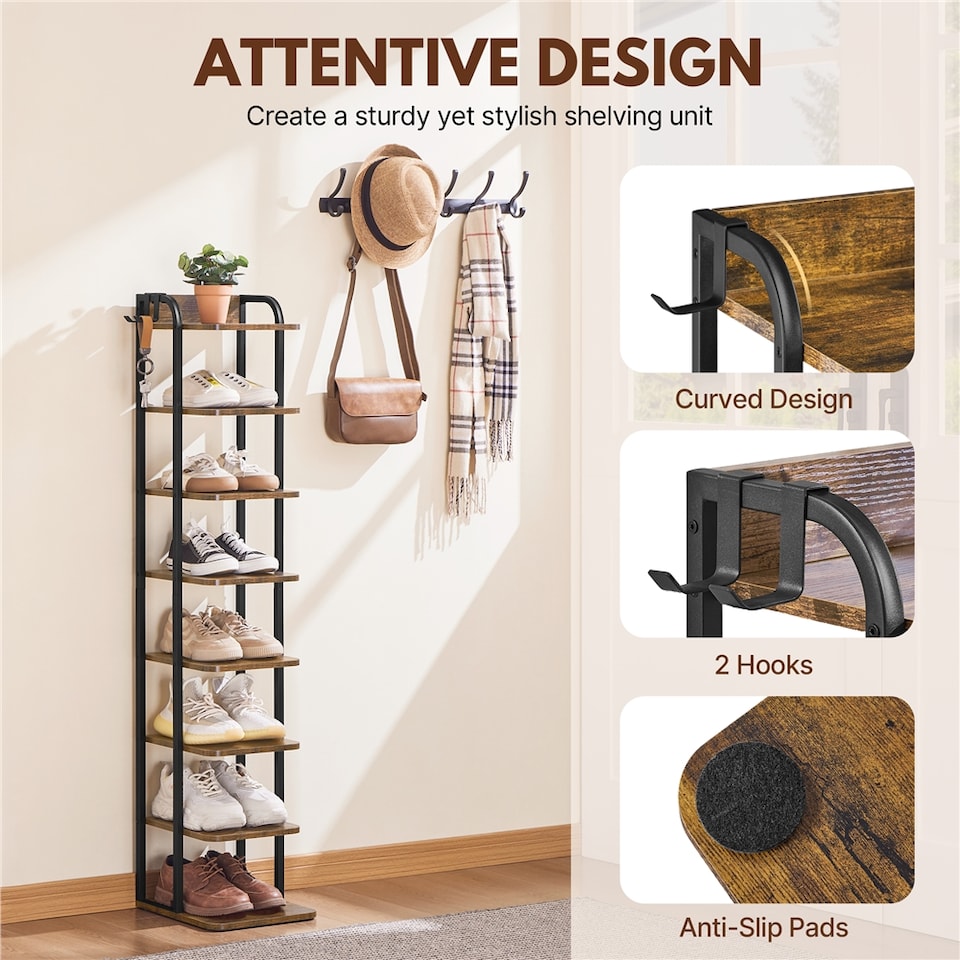 image 1 of Yaheetech 8-Layer Rustic Vintage Shoe Rack for Compact Spaces-Rustic Brown