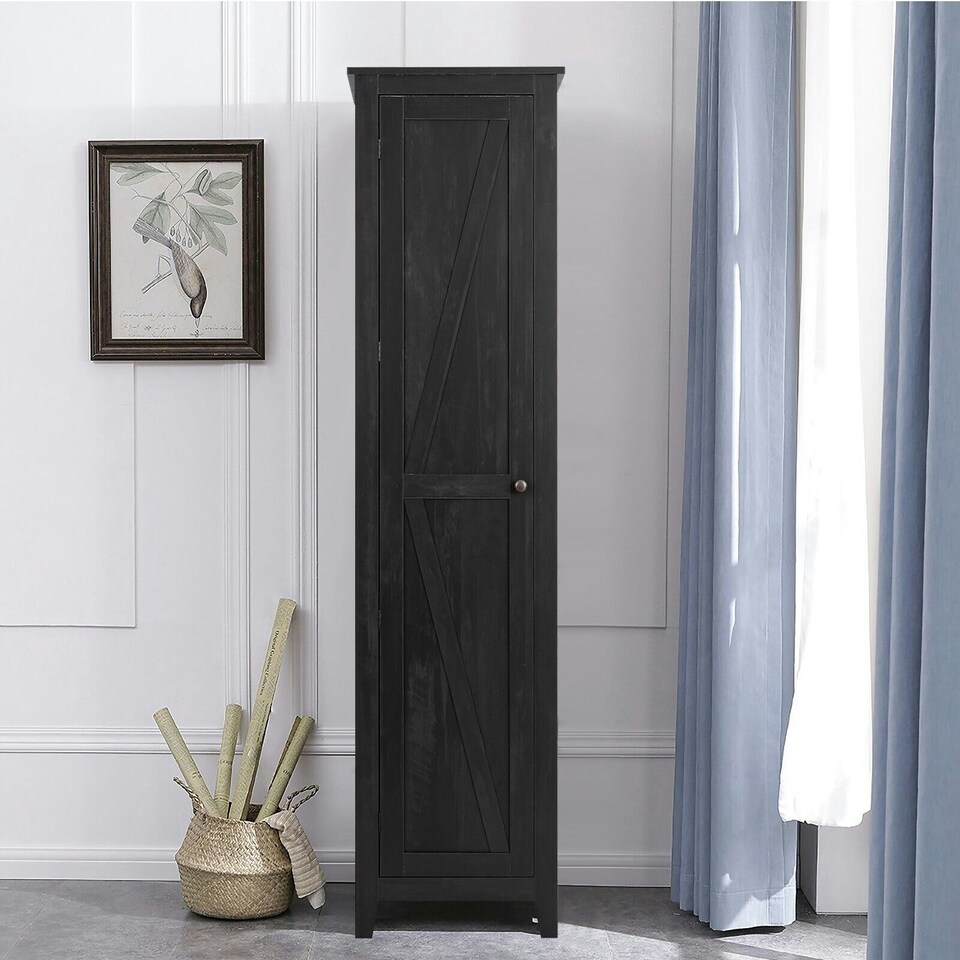 image 1 of COSTWAY Wood Tall Storage Cabinet 4 Tires Display Organizer Black