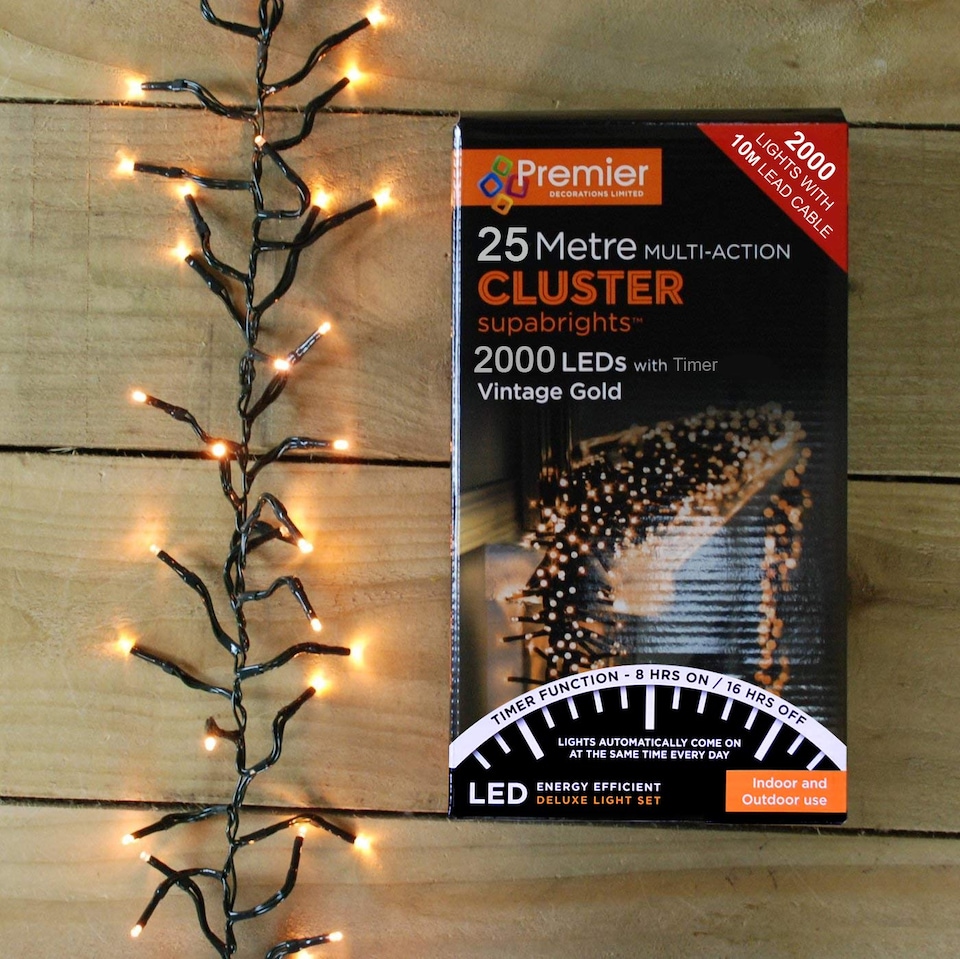 image 1 of 2000 LED 25m Premier Clusterbrights Indoor Outdoor Multifunction Mains Operated Christmas Cluster Lights with Timer in Vintage Gold