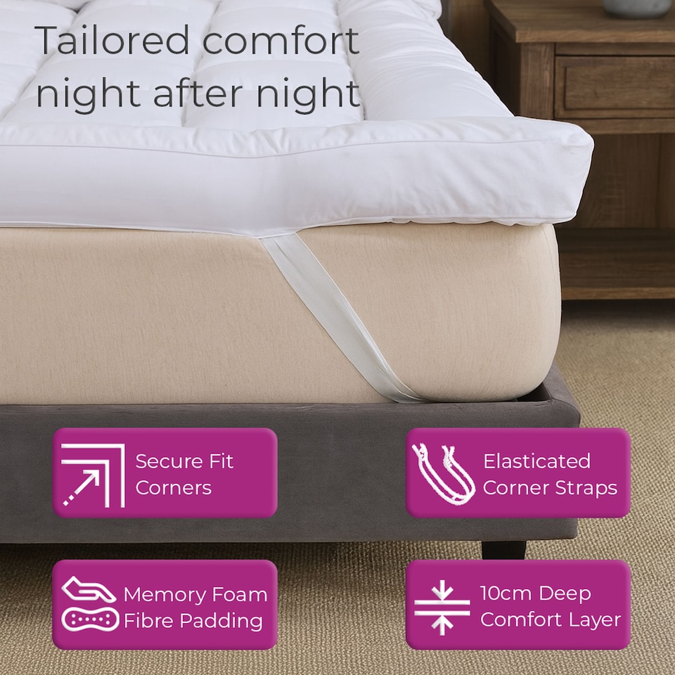 image 1 of Neo Mattress Topper Soft Memory Foam Plush Bounce Fibre Breathable Diamond Quilted Fabric Elastic Anti Slip Corner Straps Secure Fit All UK Bed Sizes | White | White | Single | 1