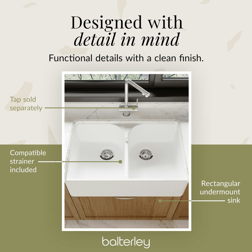 image 1 of 795mm - Double Bowl Fireclay Butler Kitchen Sink - Stepped Weir & Wastes