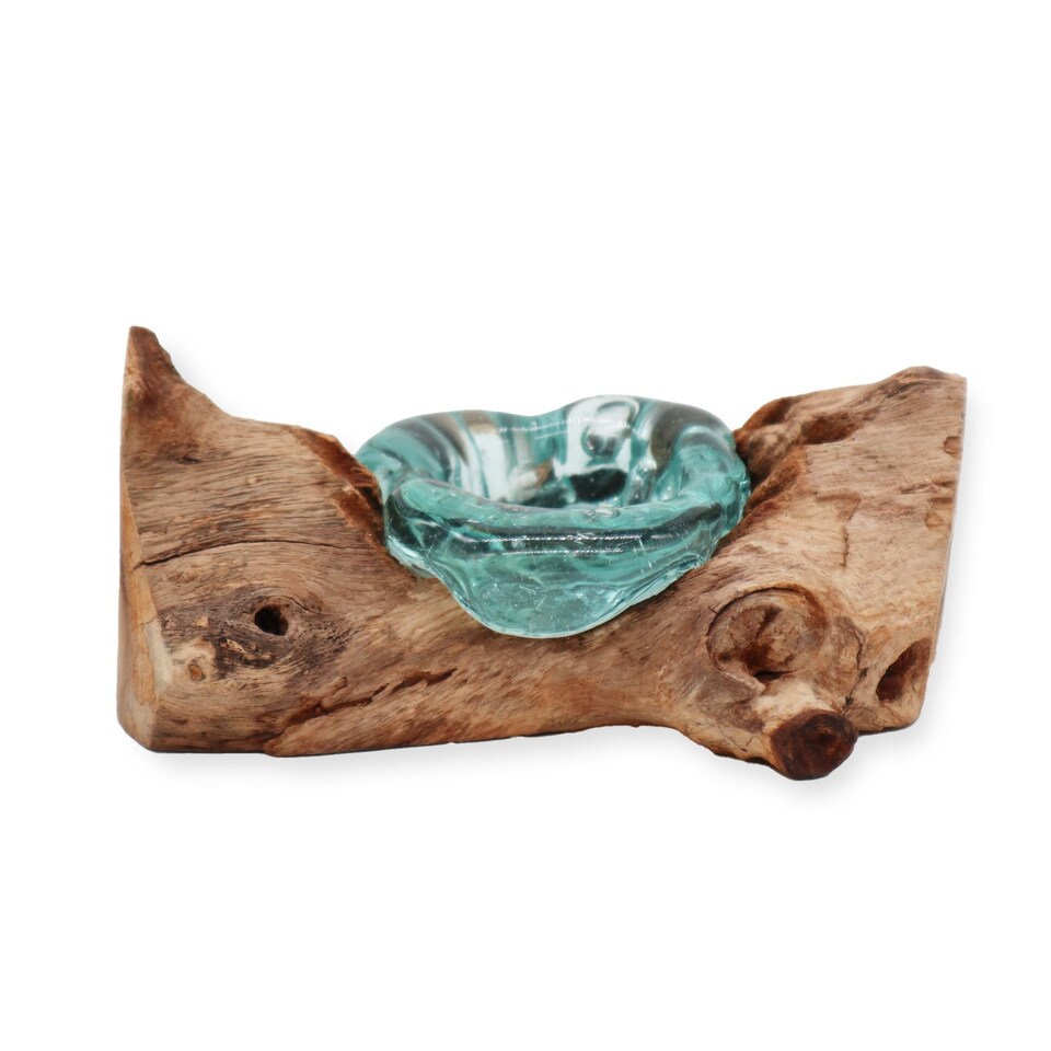 image 1 of Serenityy Molten Glass Single Candle Holder on Wood - Teal Glass, Natural Wood Base