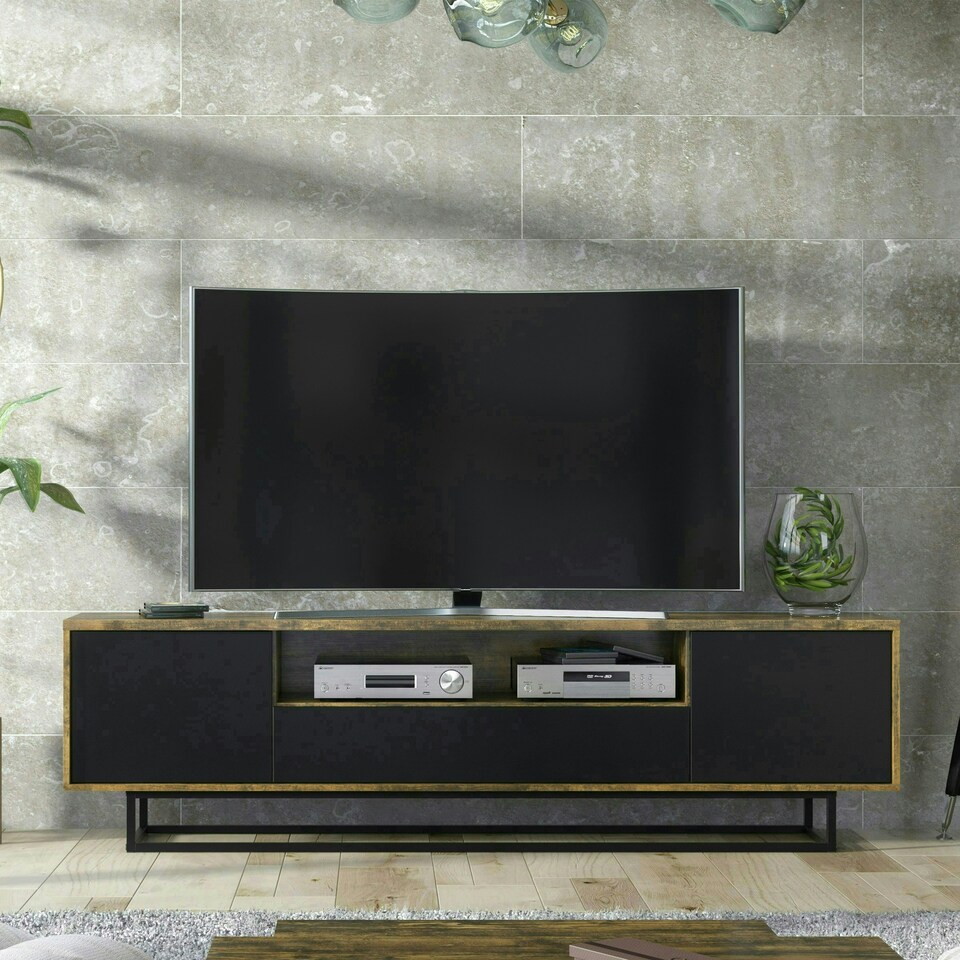 image 1 of TV Unit 200cm Rustic Industrial Oak with Black Doors and Metal Frame | Brown | Black | One Size | 1
